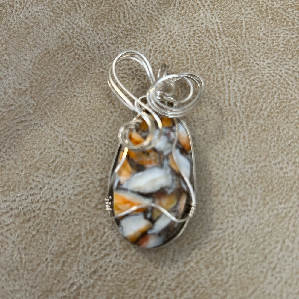Elegant Silver and Orange Wire Wrapped Pendant This is Turquoise look at Backing